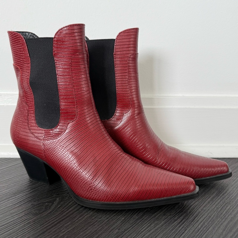INTENTIONALLY BLANK Burgundy Lizard-Embossed Leather Ankle Booties